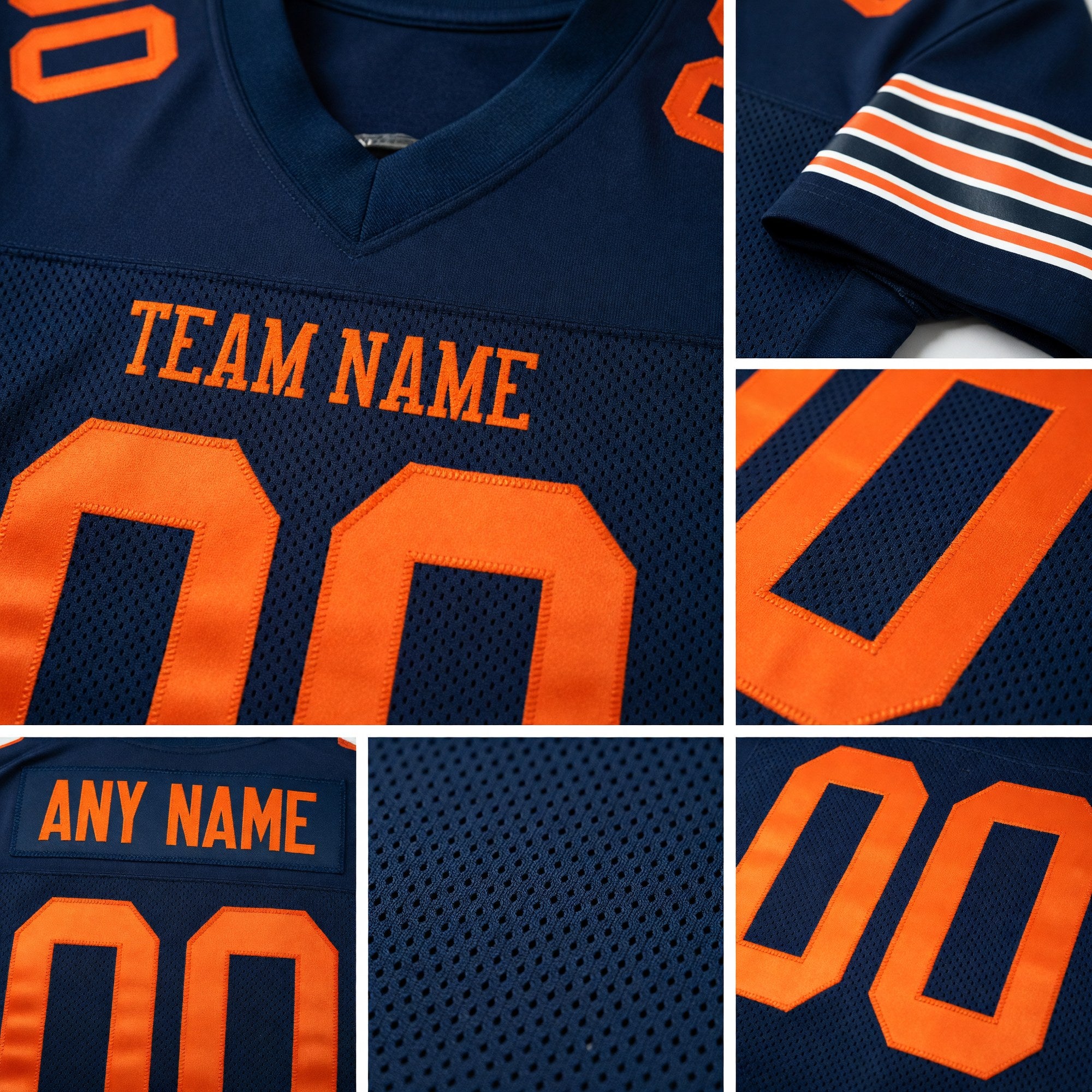 Custom Navy Bay Orange Mesh Authentic Football Jersey detail