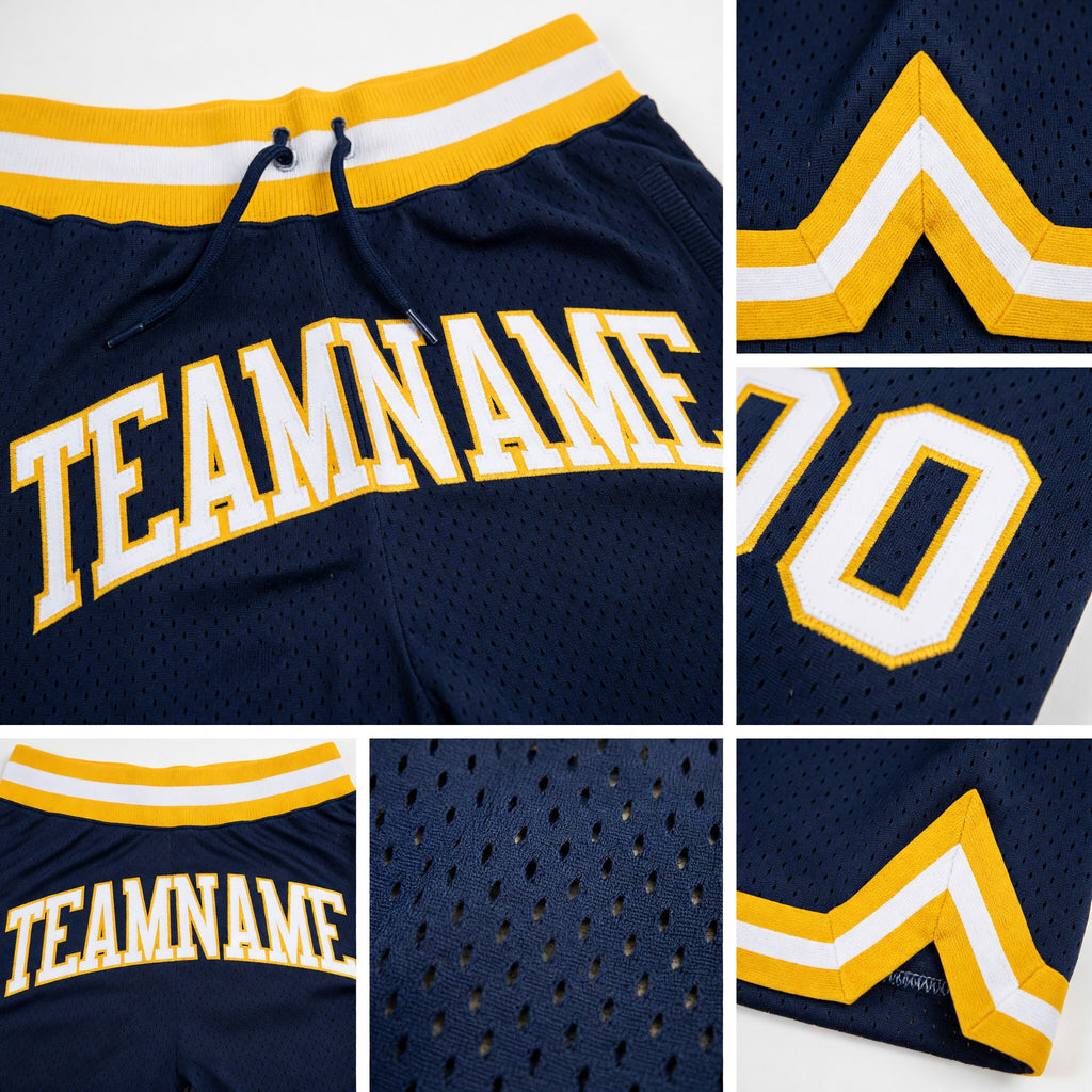 Custom Navy White-Gold Authentic Throwback Basketball Shorts detail