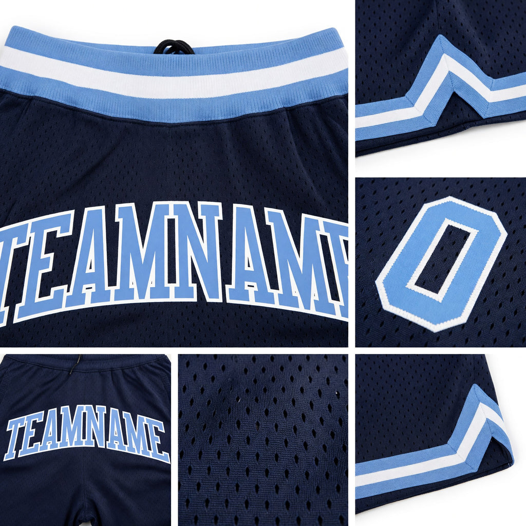 Custom Navy Light Blue-White Authentic Throwback Basketball Shorts detail