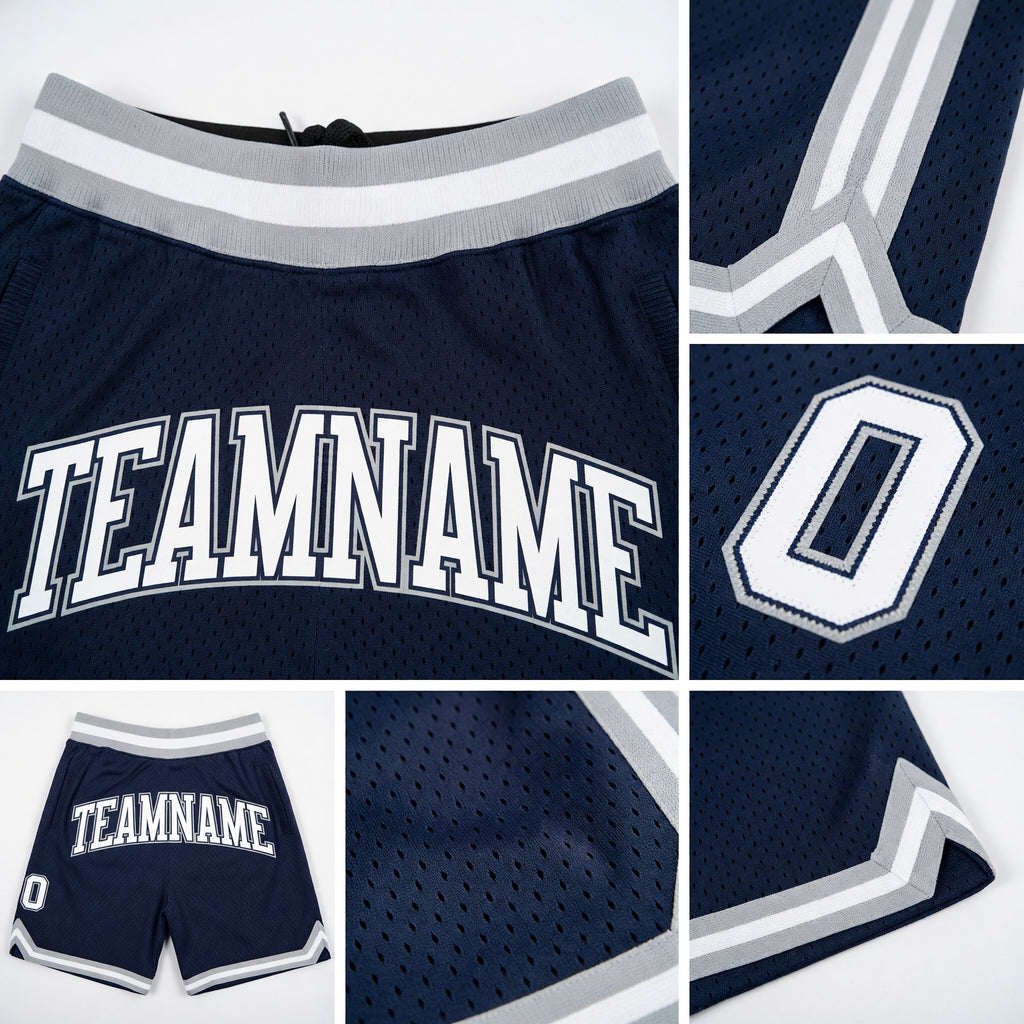 Custom Navy White-Gray Authentic Throwback Basketball Shorts detail