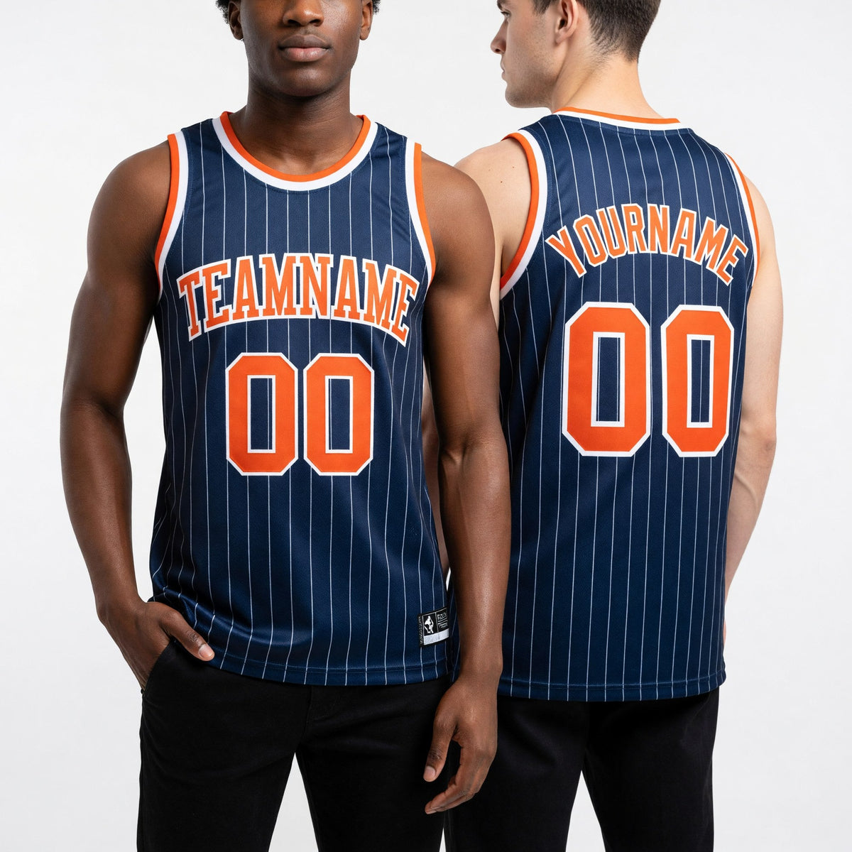 Custom Navy White Pinstripe Orange Authentic Basketball Jersey worn front and back