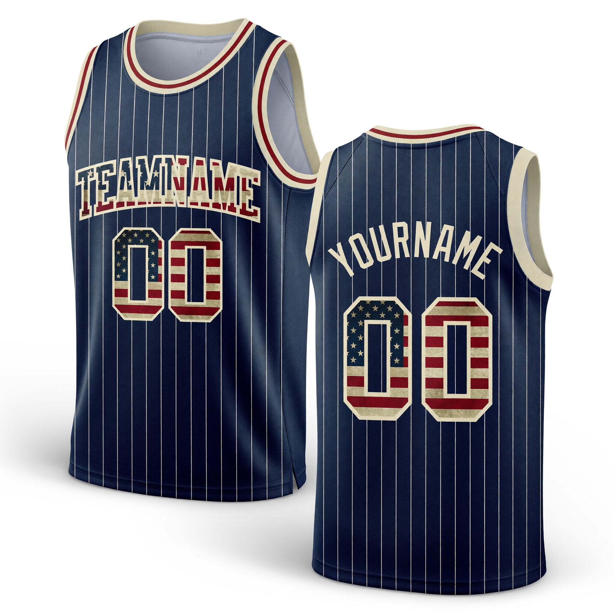 Custom Navy White Pinstripe Vintage USA Flag Cream-Red Authentic Basketball Jersey