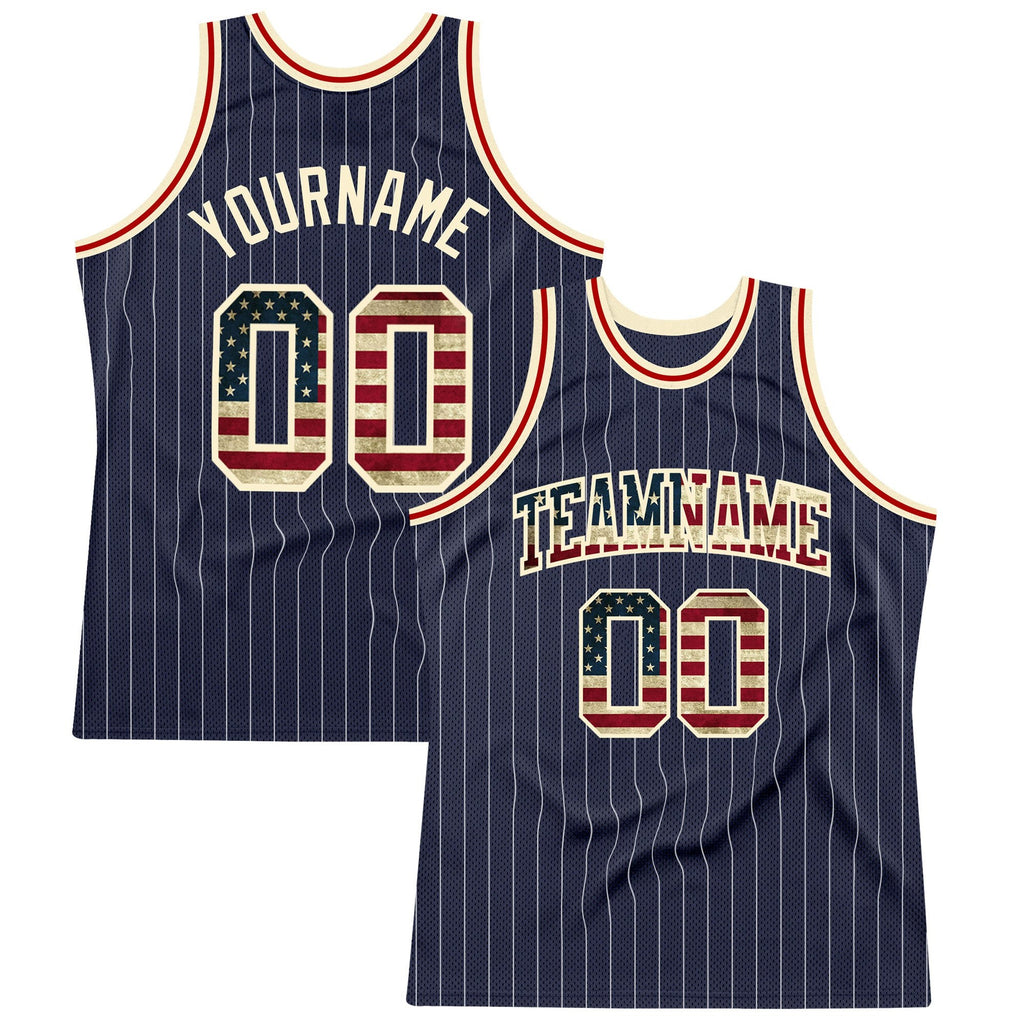 Custom Navy White Pinstripe Vintage USA Flag Cream-Red Authentic Basketball Jersey photo 1