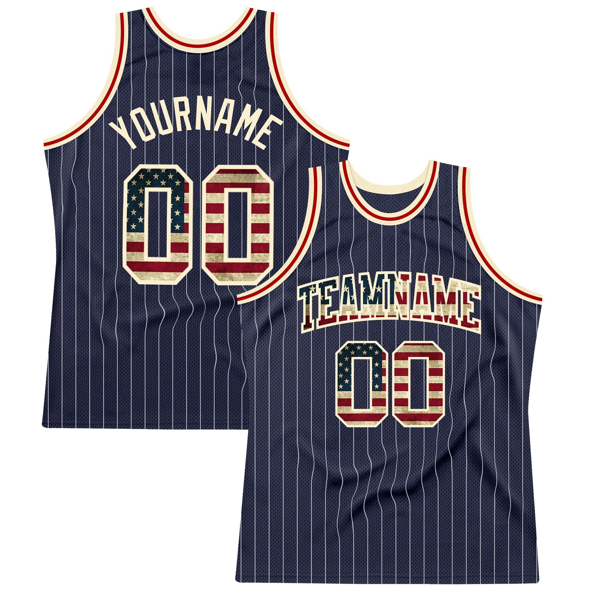 Custom Navy White Pinstripe Vintage USA Flag Cream-Red Authentic Basketball Jersey photo 1