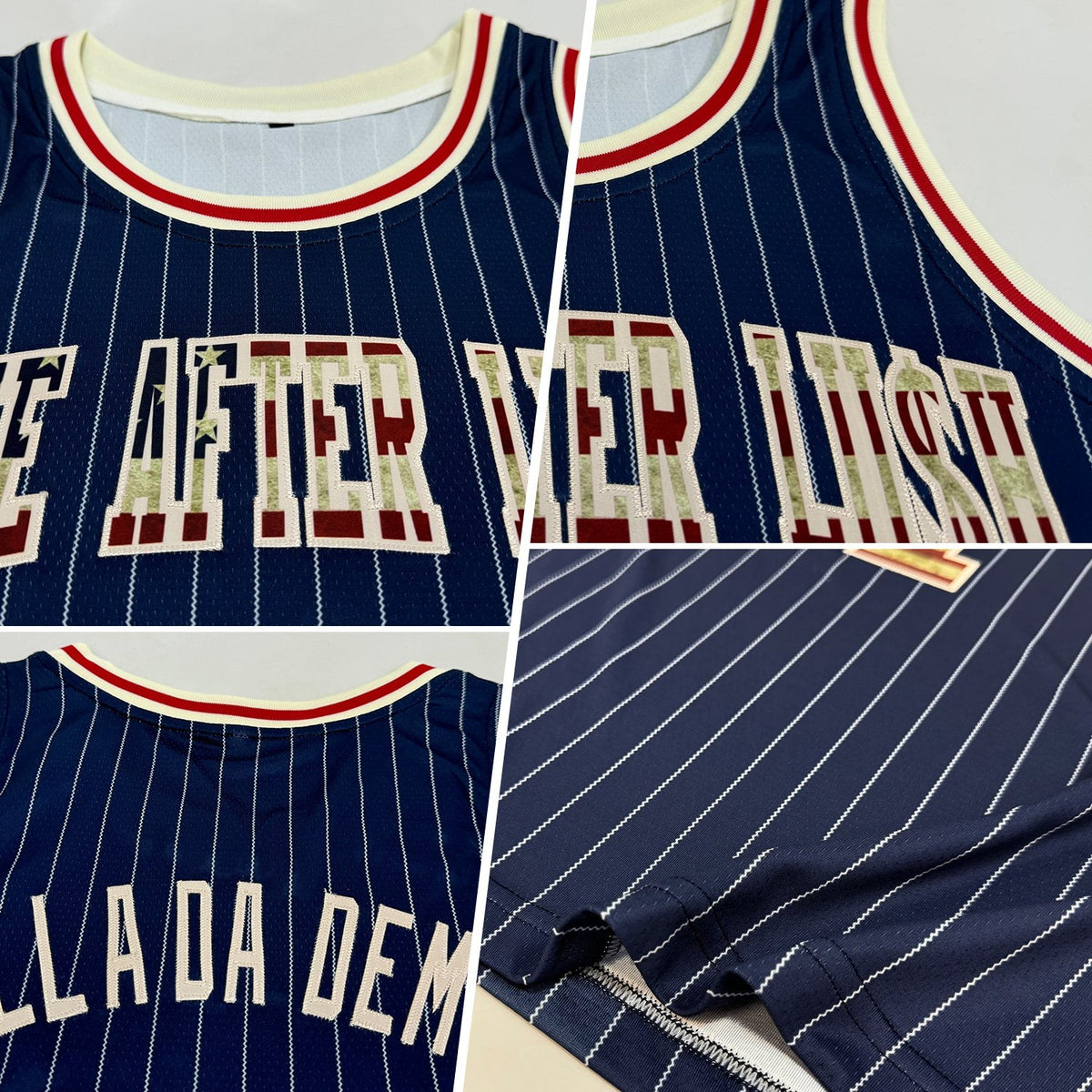 Custom Navy White Pinstripe Vintage USA Flag Cream-Red Authentic Basketball Jersey photo 2