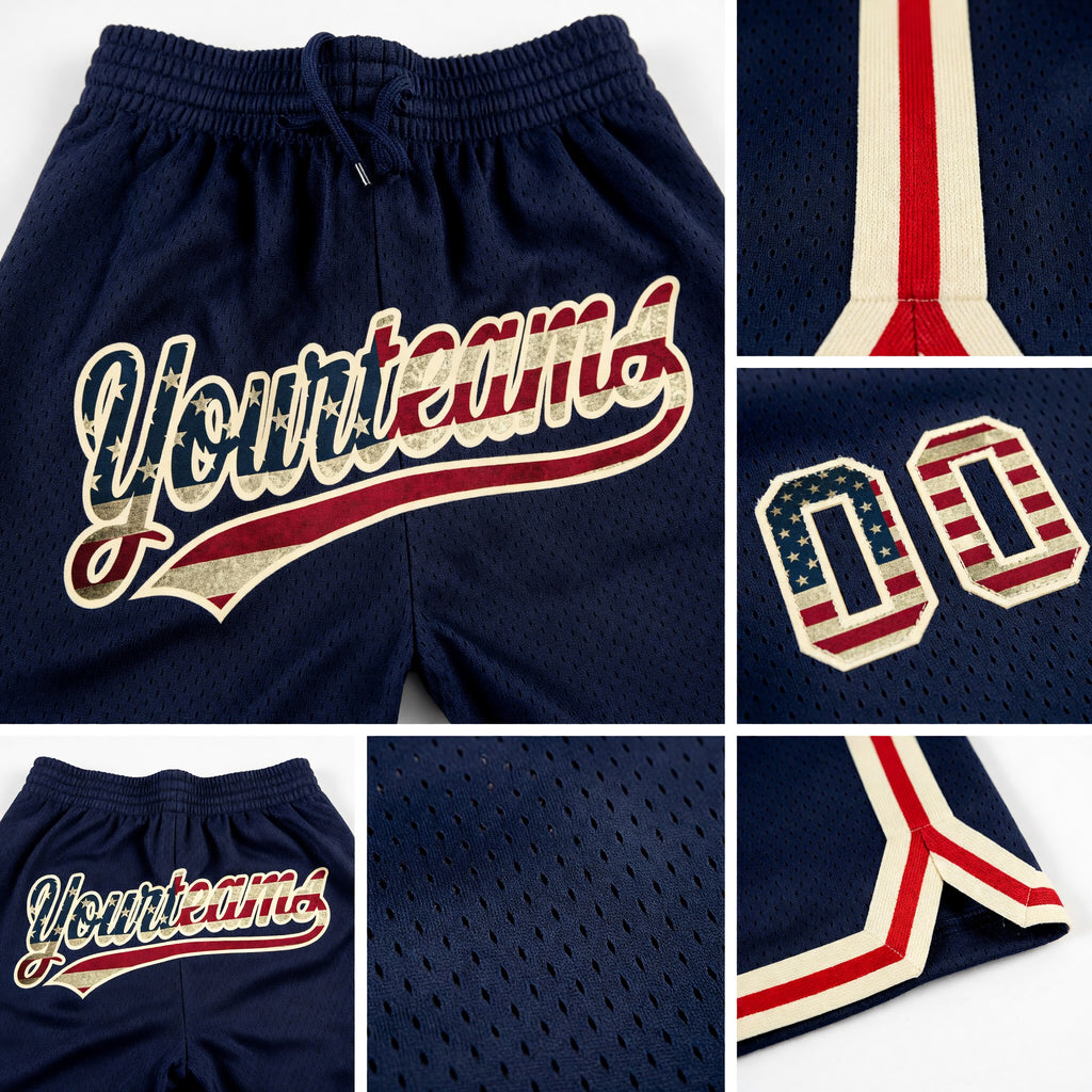Custom Navy Vintage USA Flag-Cream Authentic Throwback Basketball Shorts detail