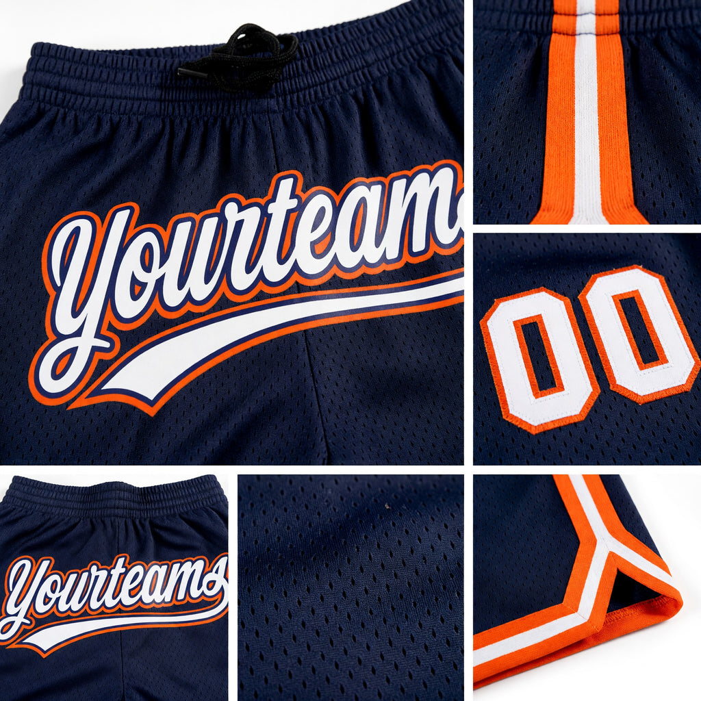 Custom Navy White-Orange Authentic Throwback Basketball Shorts detail