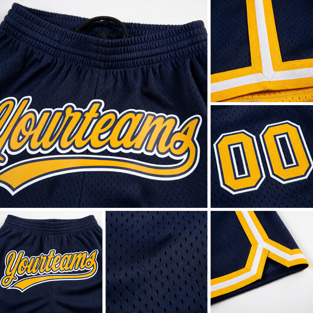 Custom Navy Gold-White Authentic Throwback Basketball Shorts detail