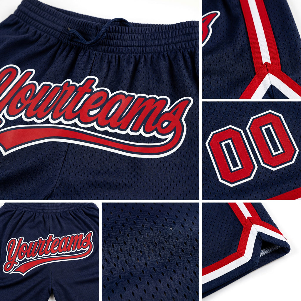 Custom Navy Red-White Authentic Throwback Basketball Shorts detail