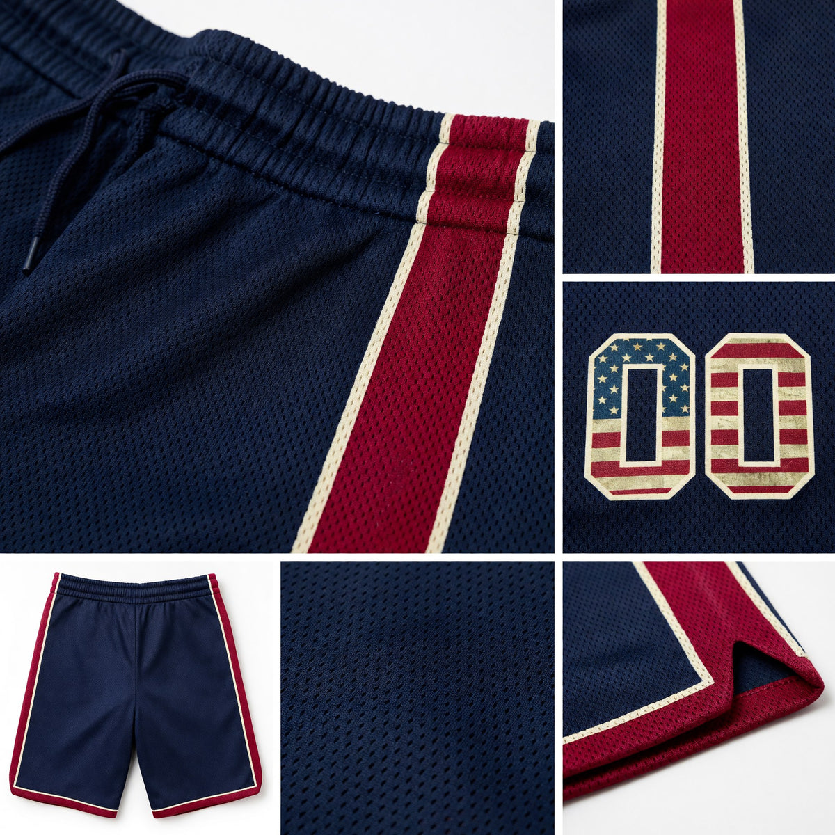 Custom Navy Vintage USA Flag Maroon-Cream Authentic Basketball Shorts detail