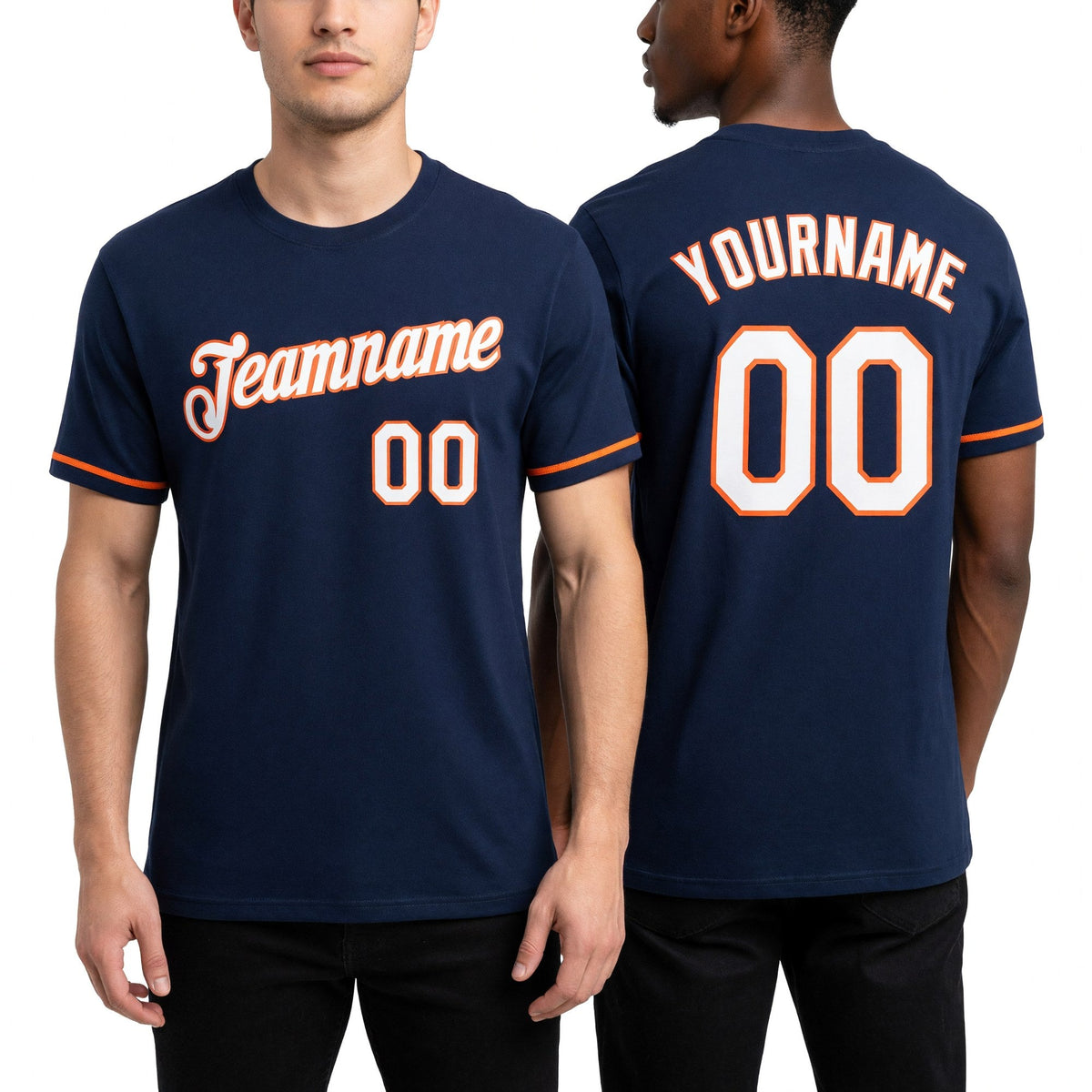Custom Navy White-Orange Performance T-Shirt worn front and back