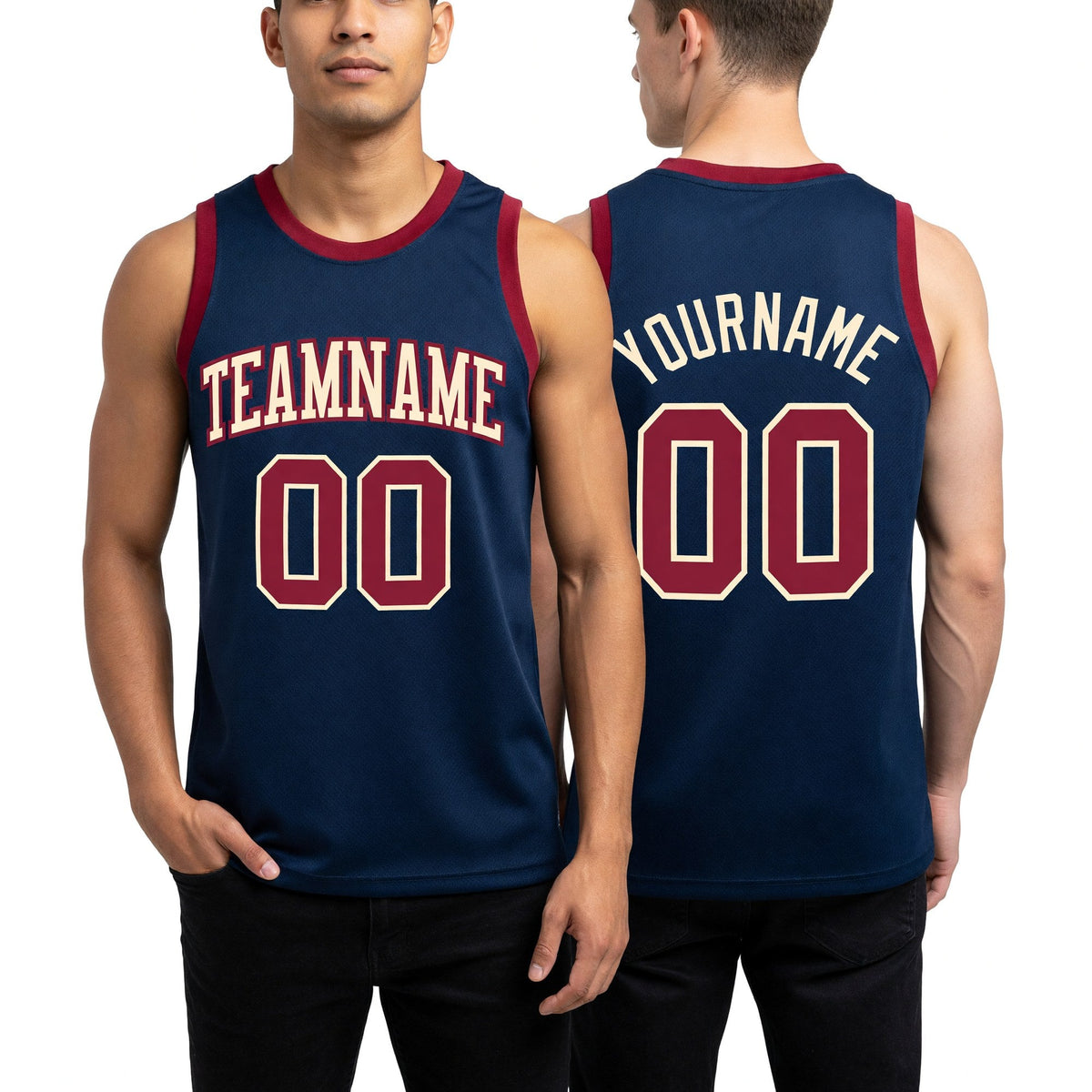 Custom Navy Maroon-Cream Authentic Throwback Basketball Jersey worn front and back