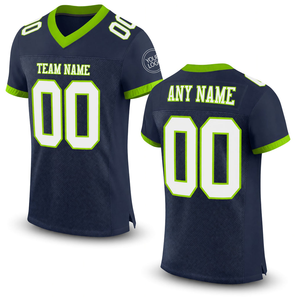 Custom Navy White-Neon Green Mesh Authentic Football Jersey