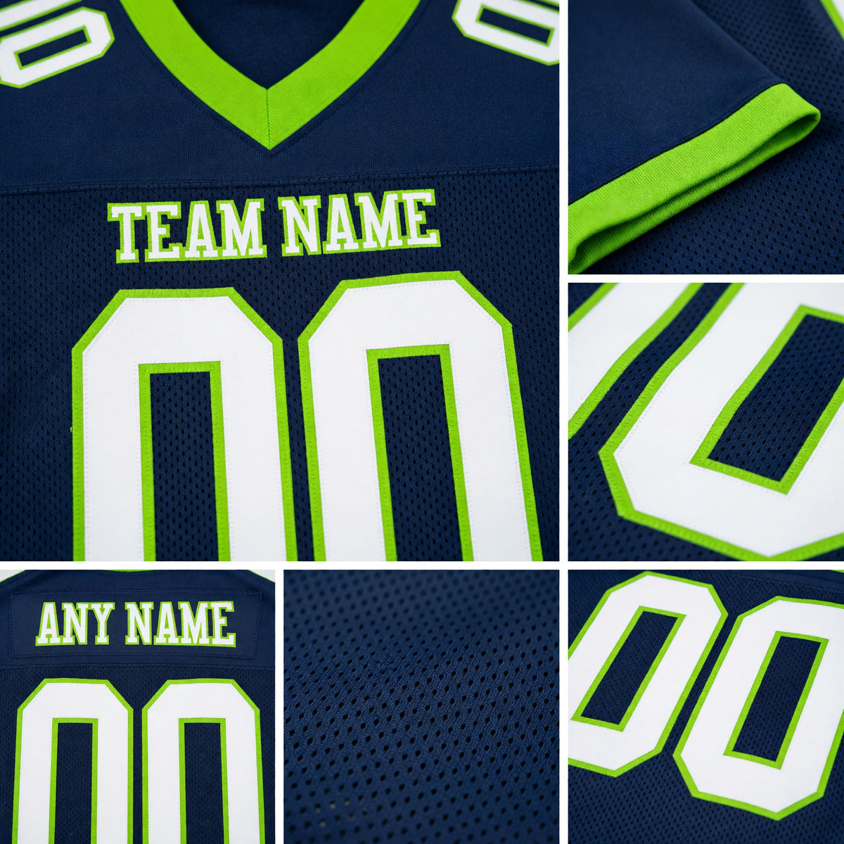 Custom Navy White-Neon Green Mesh Authentic Football Jersey detail