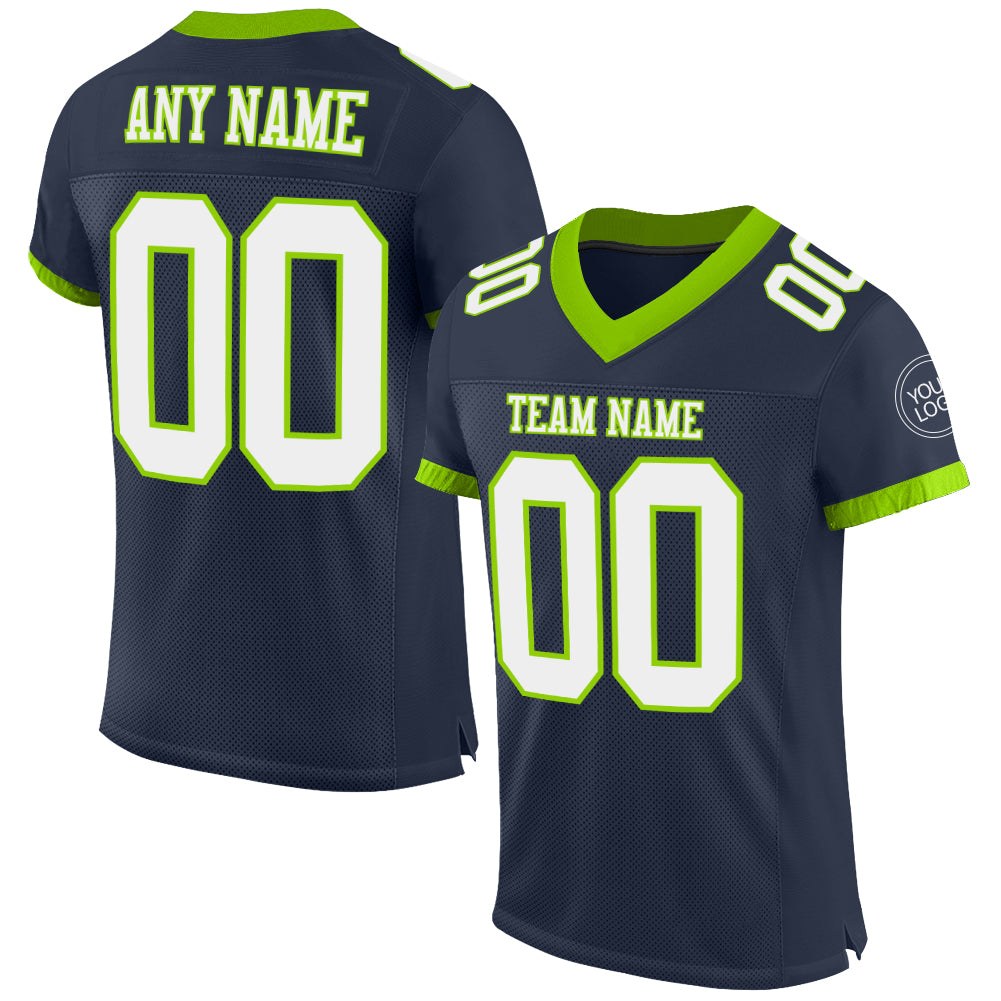 Custom Navy White-Neon Green Mesh Authentic Football Jersey photo 1