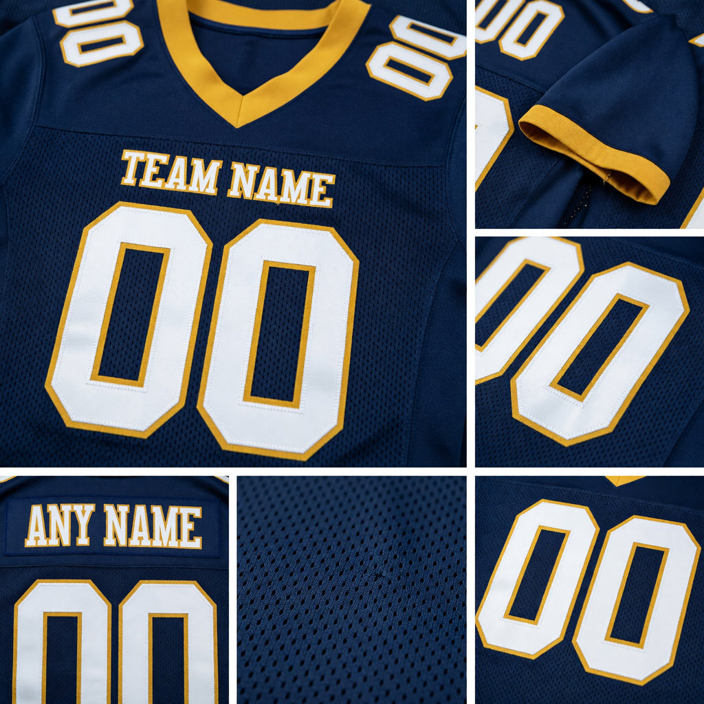 Custom Navy White-Old Gold Mesh Authentic Football Jersey detail
