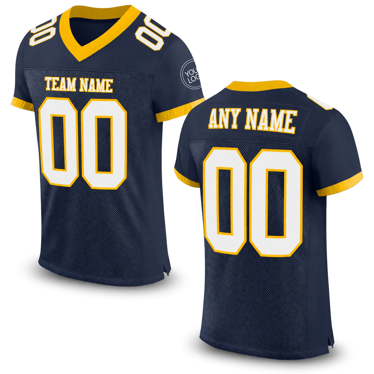 Custom Navy White-Gold Mesh Authentic Football Jersey