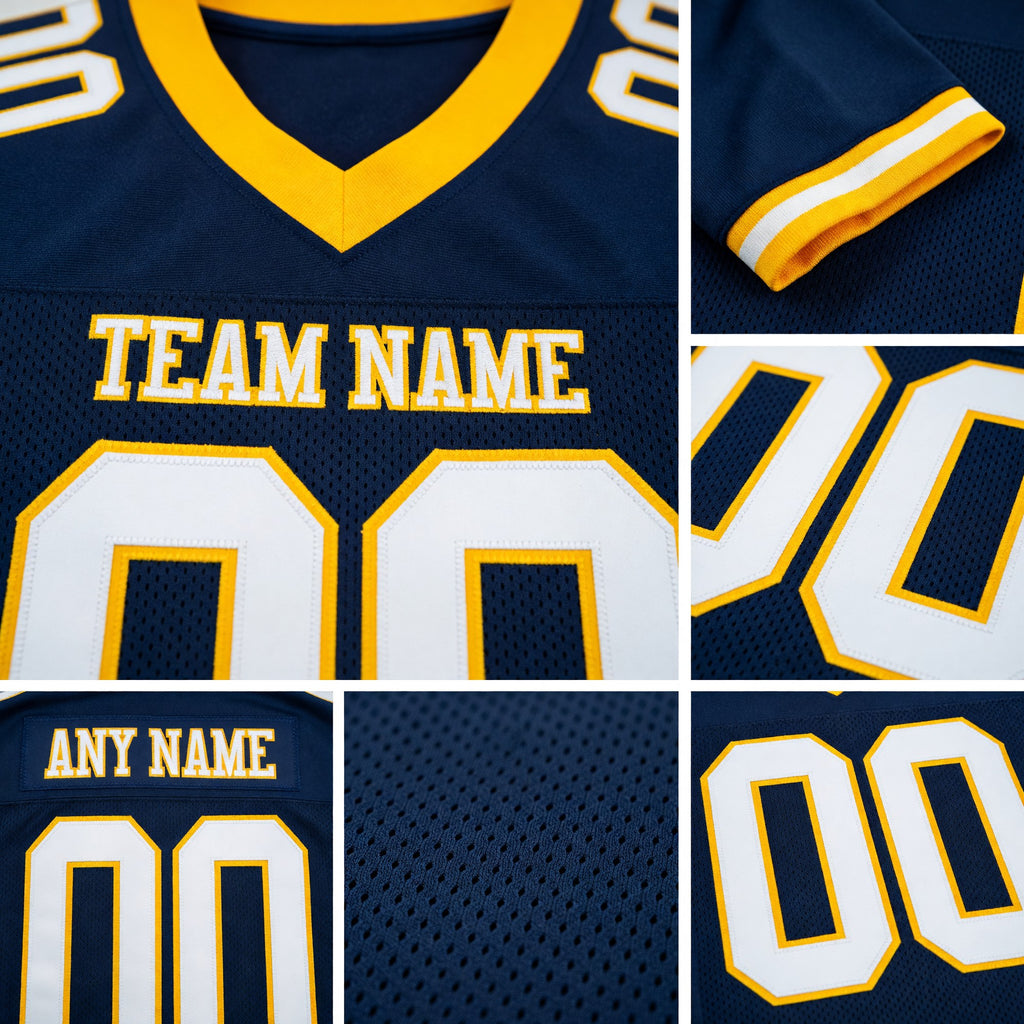 Custom Navy White-Gold Mesh Authentic Football Jersey detail