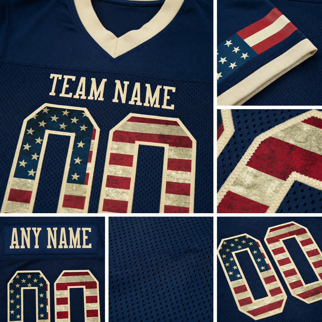 Custom Navy Vintage USA Flag-Cream Mesh Authentic Football Jersey detail