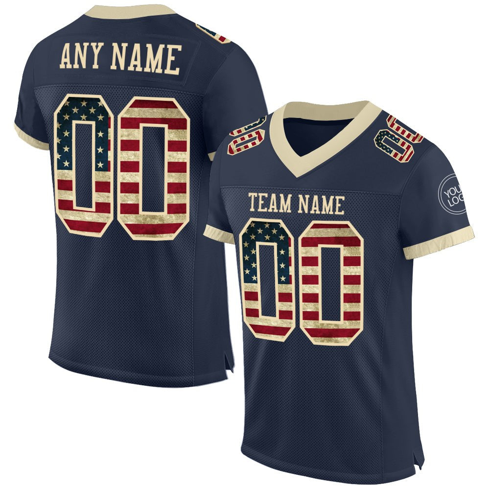 Custom Navy Vintage USA Flag-Cream Mesh Authentic Football Jersey photo 1