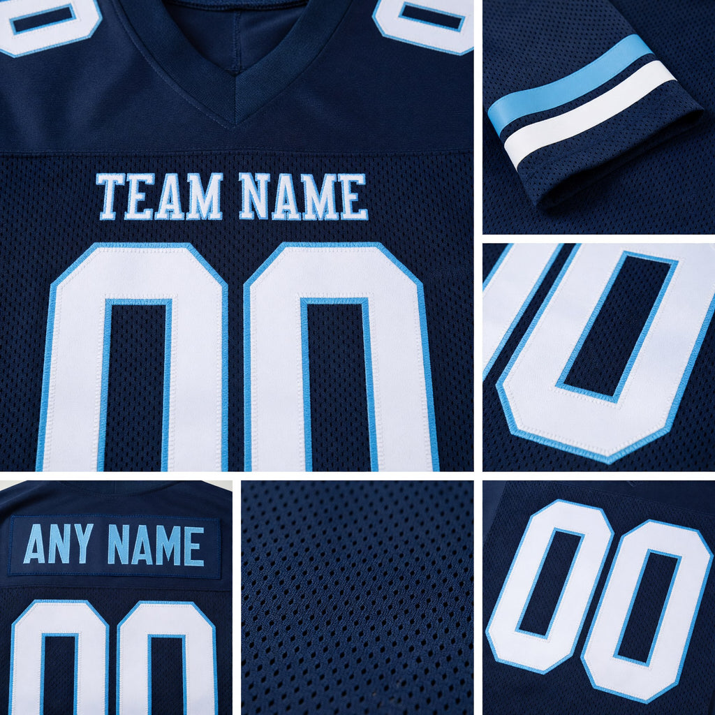 Custom Navy White-Light Blue Mesh Authentic Football Jersey detail