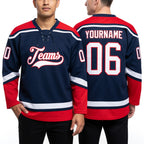Custom Navy White-Red Hockey Lace Neck Jersey worn front and back