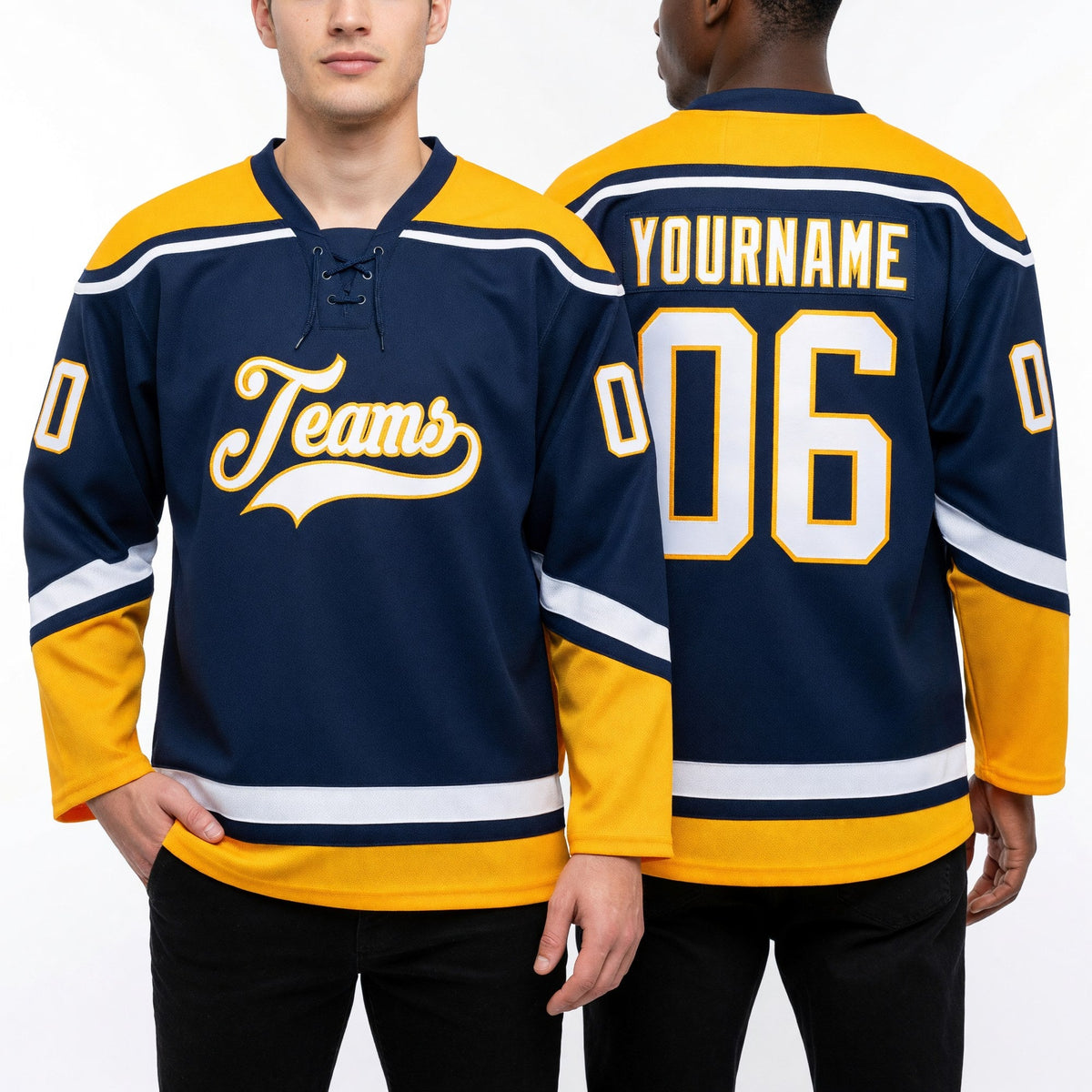 Custom Navy White-Gold Hockey Lace Neck Jersey worn front and back