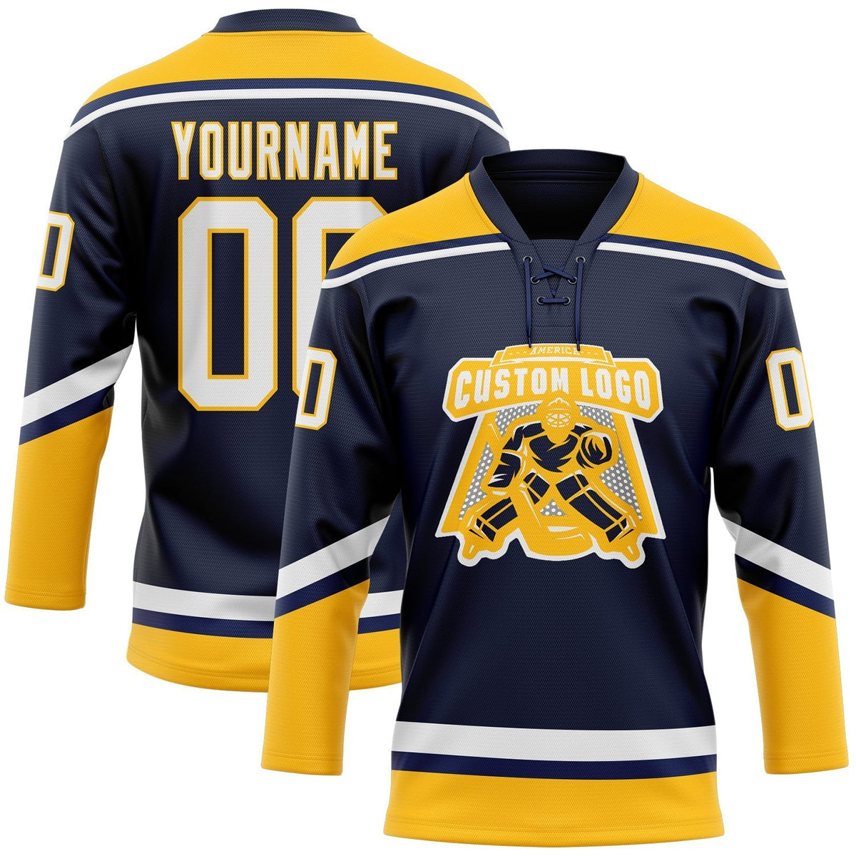 Custom Navy White-Gold Hockey Lace Neck Jersey photo 2