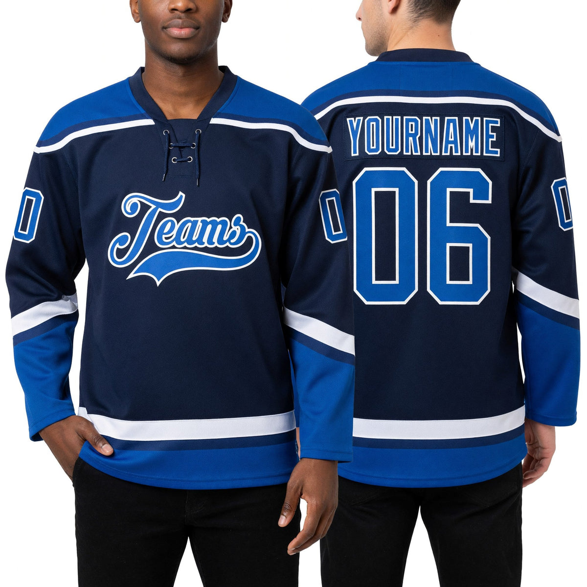Custom Navy Royal-White Hockey Lace Neck Jersey worn front and back