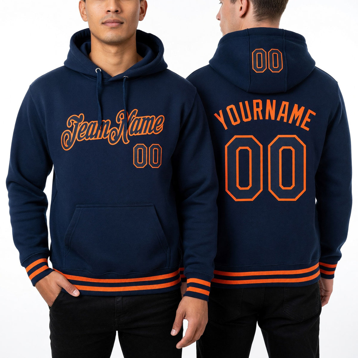 Custom Stitched Navy Orange Sports Pullover Sweatshirt Hoodie worn front and back