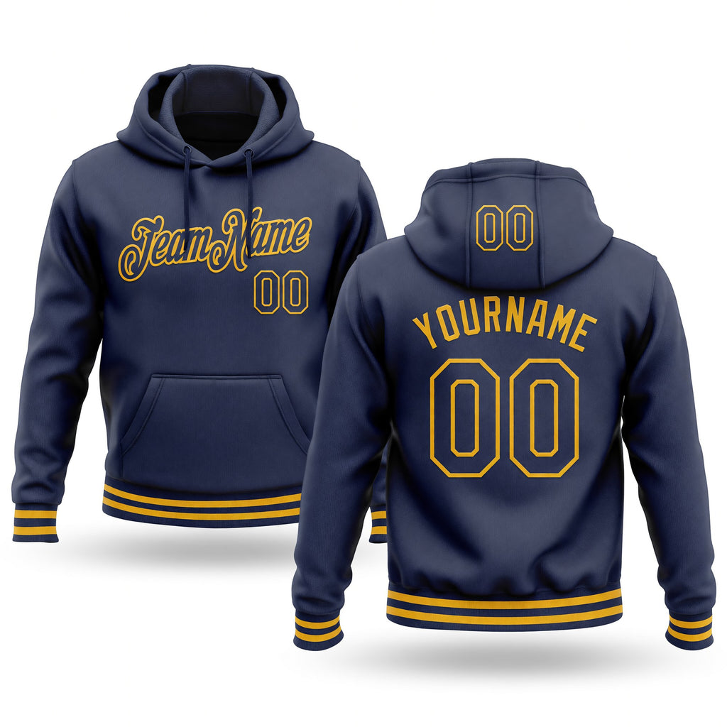 Custom Stitched Navy Gold Sports Pullover Sweatshirt Hoodie