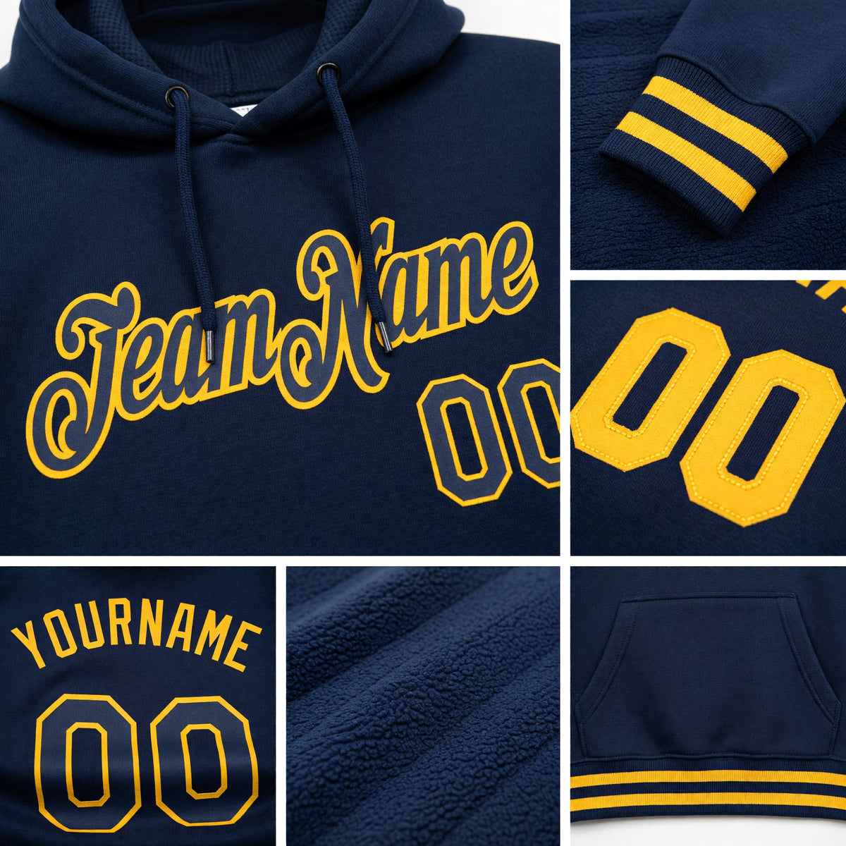 Custom Stitched Navy Gold Sports Pullover Sweatshirt Hoodie detail
