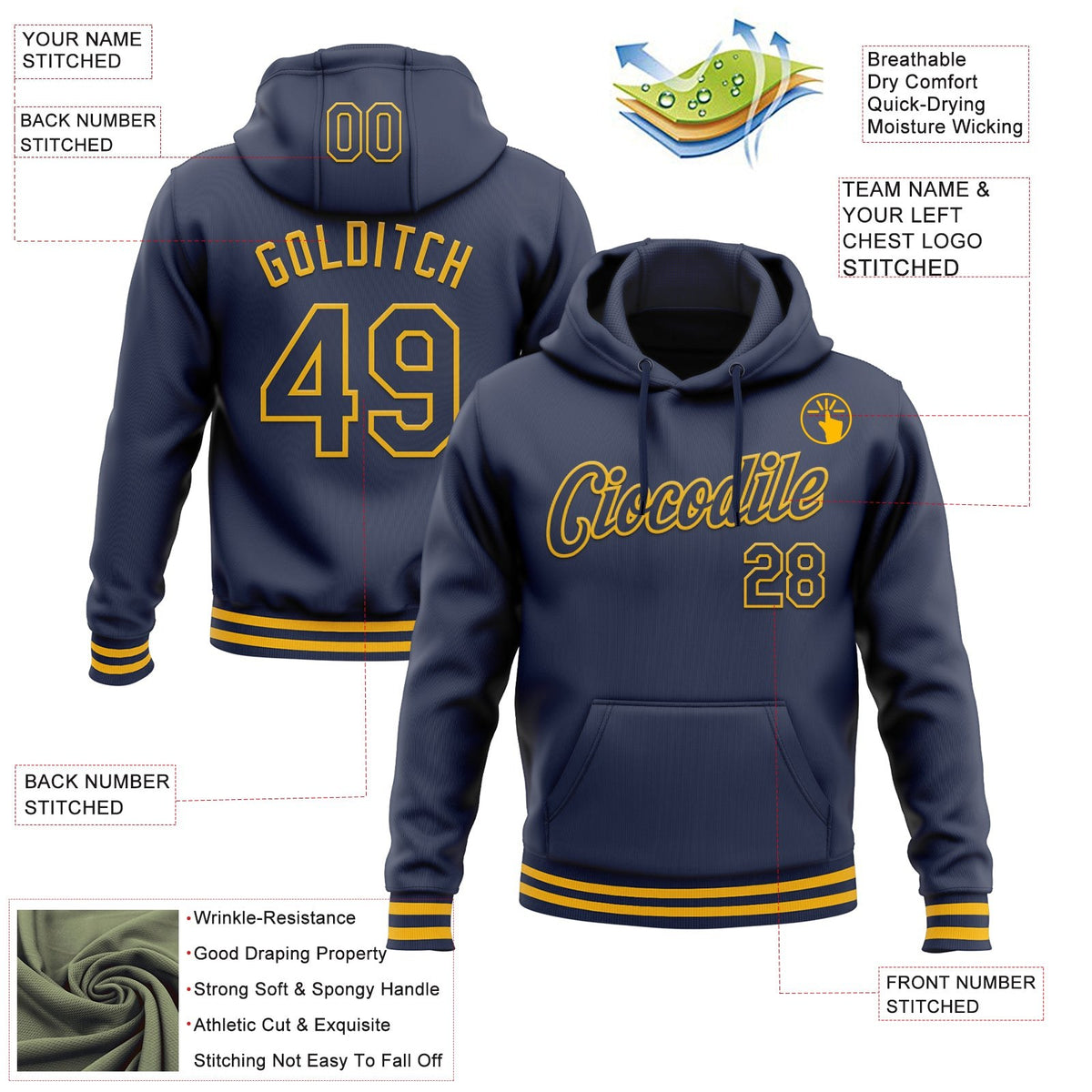Custom Stitched Navy Gold Sports Pullover Sweatshirt Hoodie photo 3