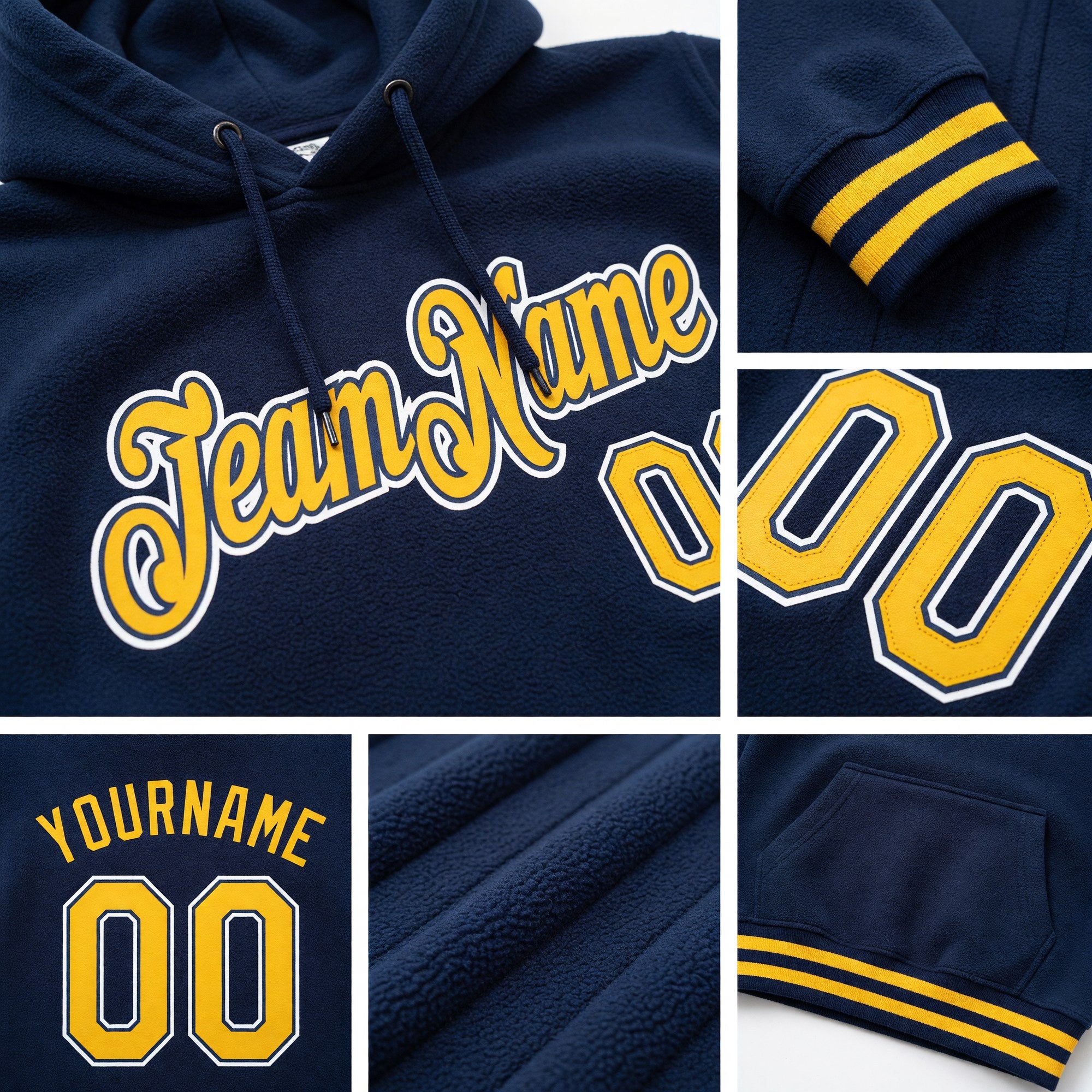 Custom Stitched Navy Gold-White Sports Pullover Sweatshirt Hoodie detail