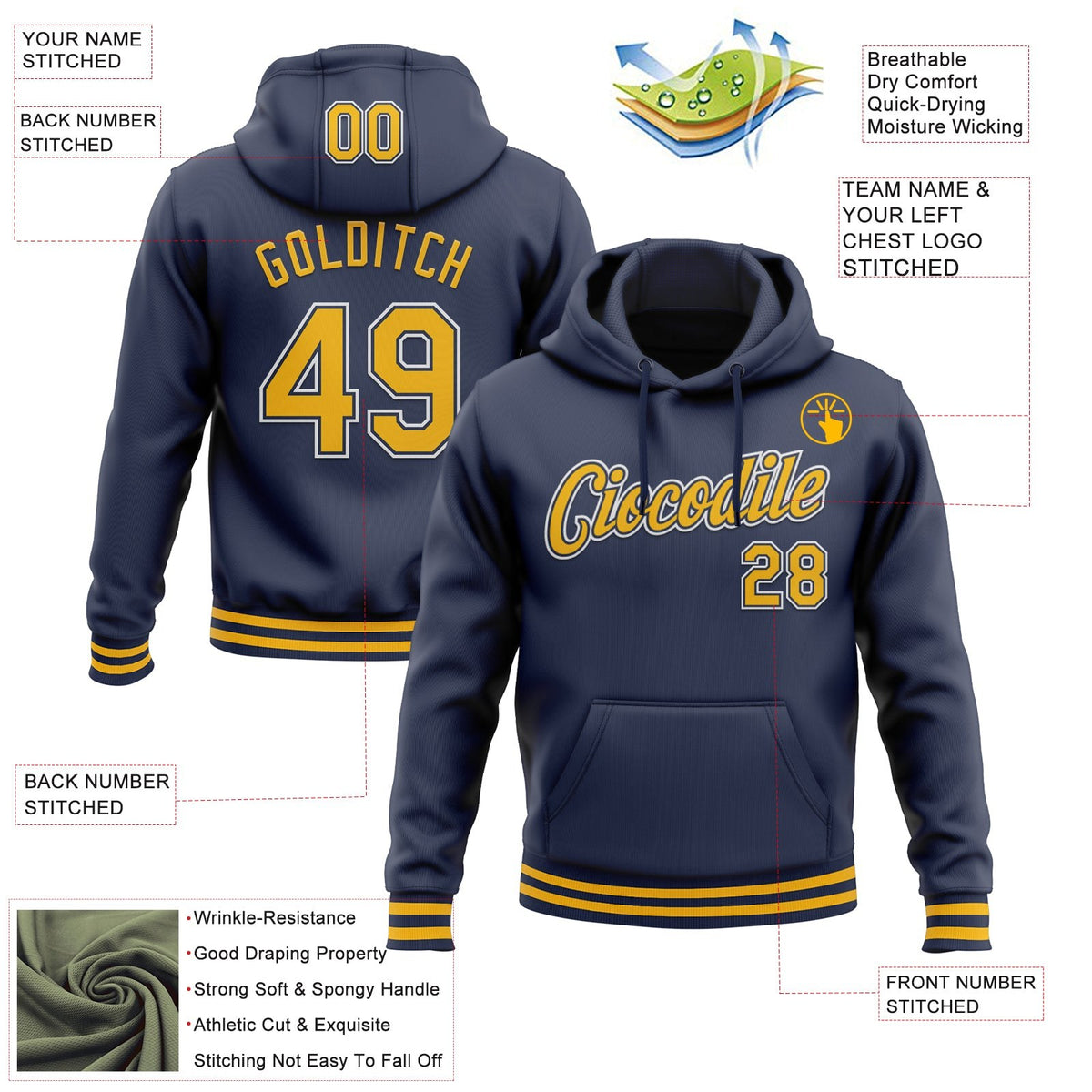 Custom Stitched Navy Gold-White Sports Pullover Sweatshirt Hoodie photo 3