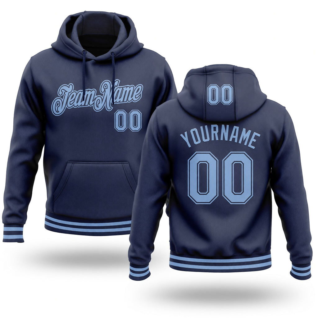 Custom Stitched Navy Light Blue Sports Pullover Sweatshirt Hoodie