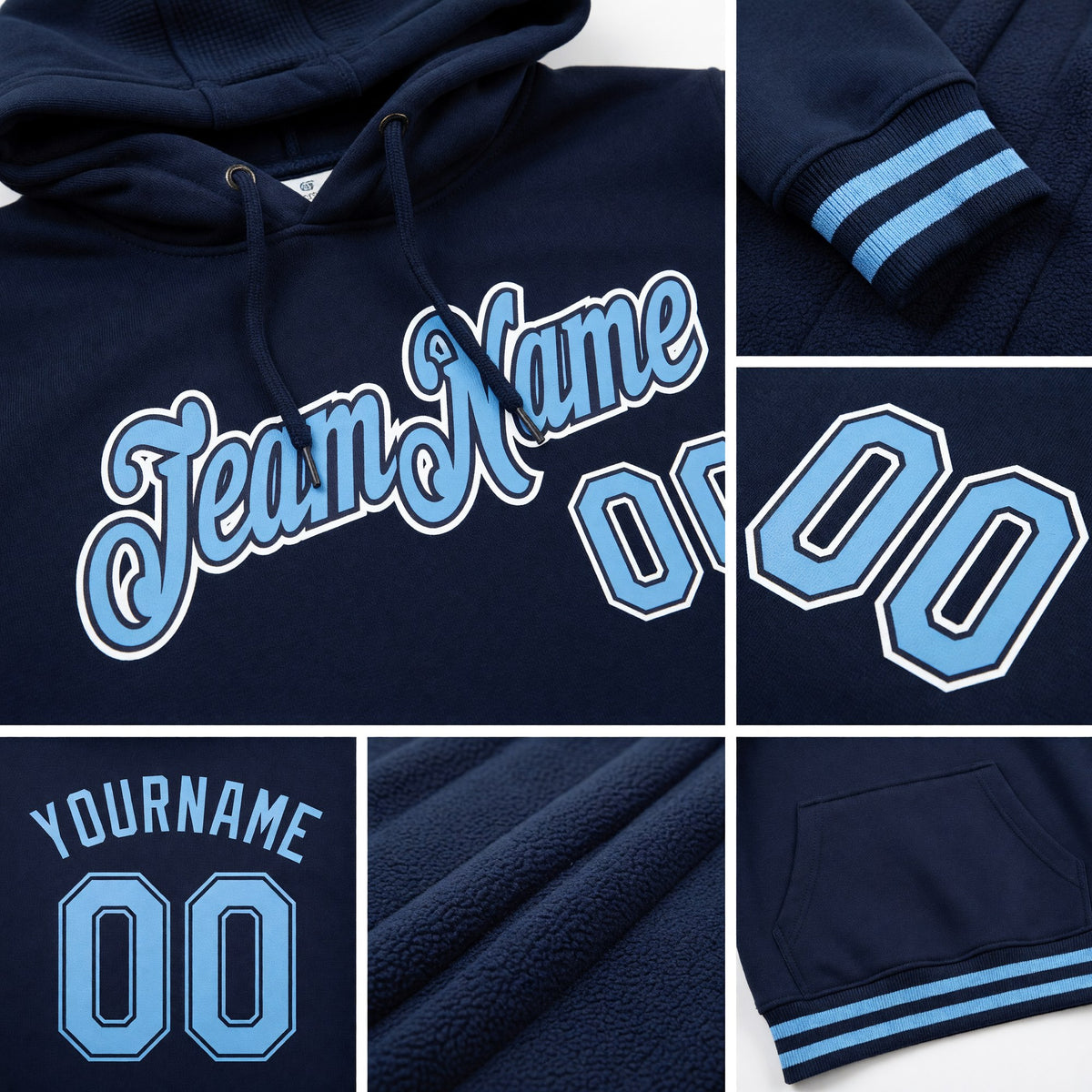 Custom Stitched Navy Light Blue Sports Pullover Sweatshirt Hoodie detail