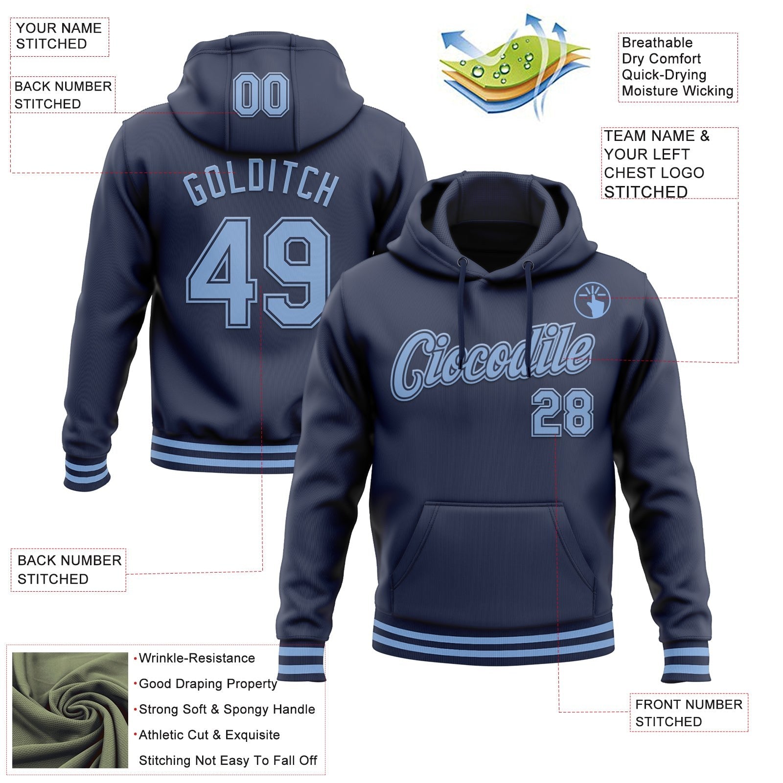Custom Stitched Navy Light Blue Sports Pullover Sweatshirt Hoodie photo 3