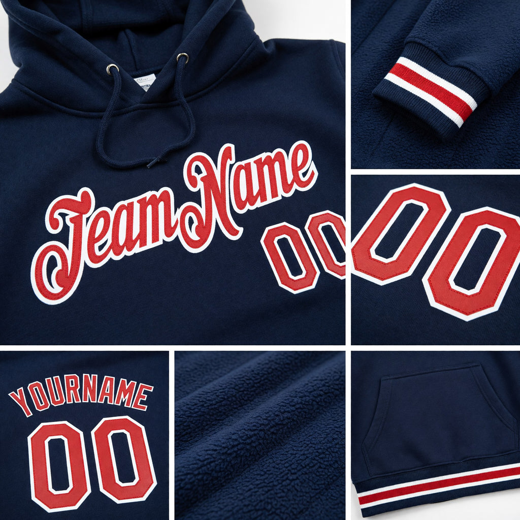 Custom Stitched Navy Red-White Sports Pullover Sweatshirt Hoodie detail