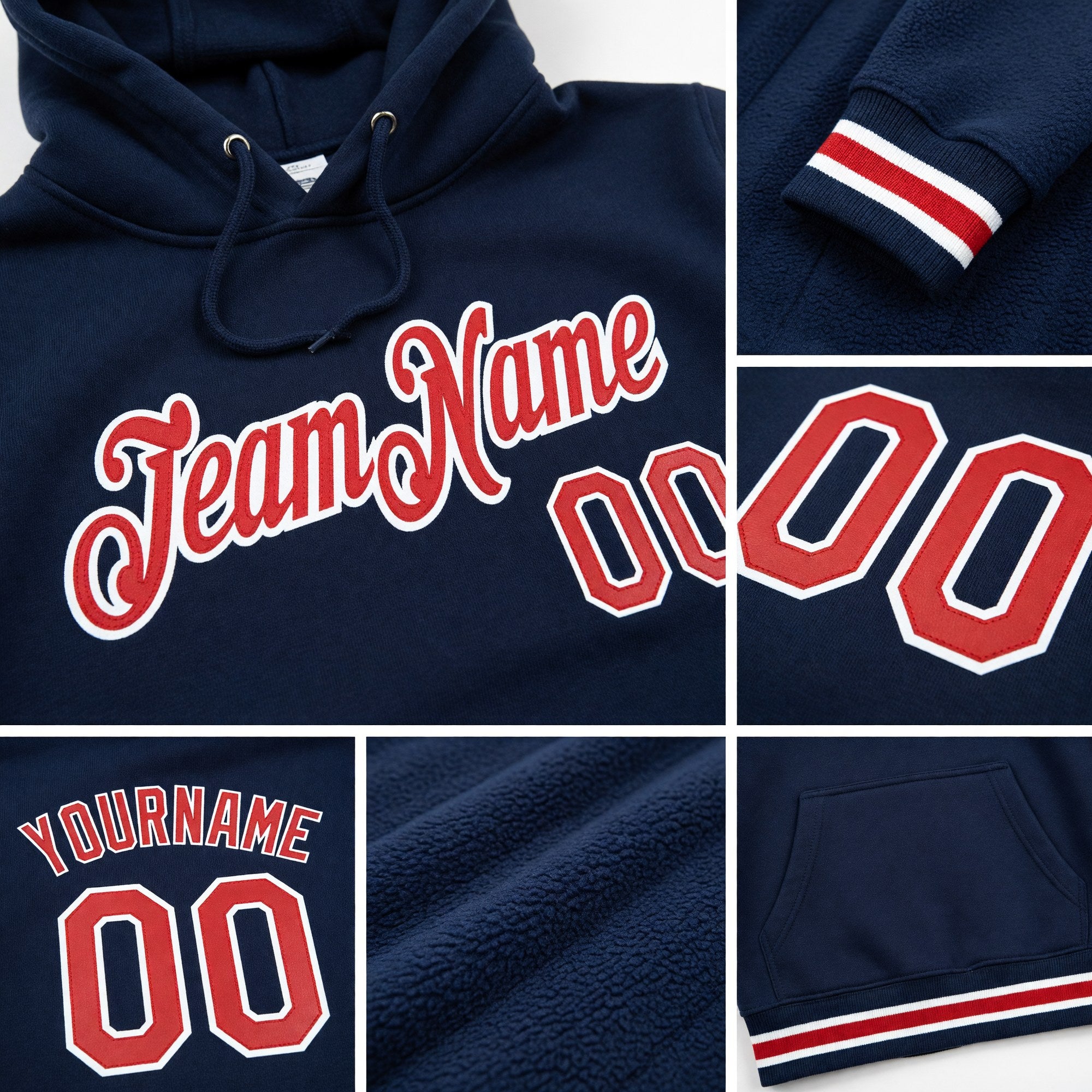Custom Stitched Navy Red-White Sports Pullover Sweatshirt Hoodie detail