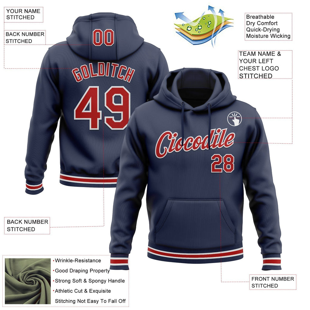 Custom Stitched Navy Red-White Sports Pullover Sweatshirt Hoodie photo 3