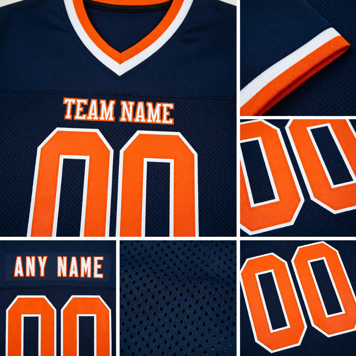 Custom Navy Orange-White Mesh Authentic Throwback Football Jersey detail