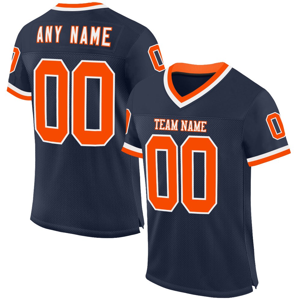 Custom Navy Orange-White Mesh Authentic Throwback Football Jersey photo 1