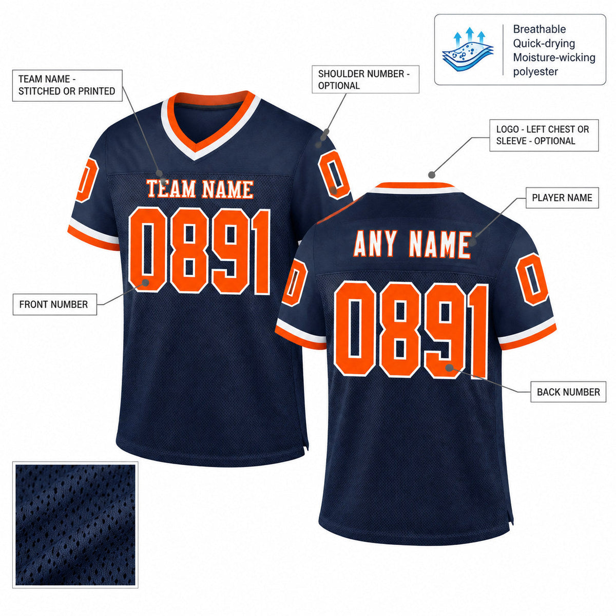 Custom Navy Mesh Authentic Football Jersey with Orange and White Lettering Design 0891 customization guide