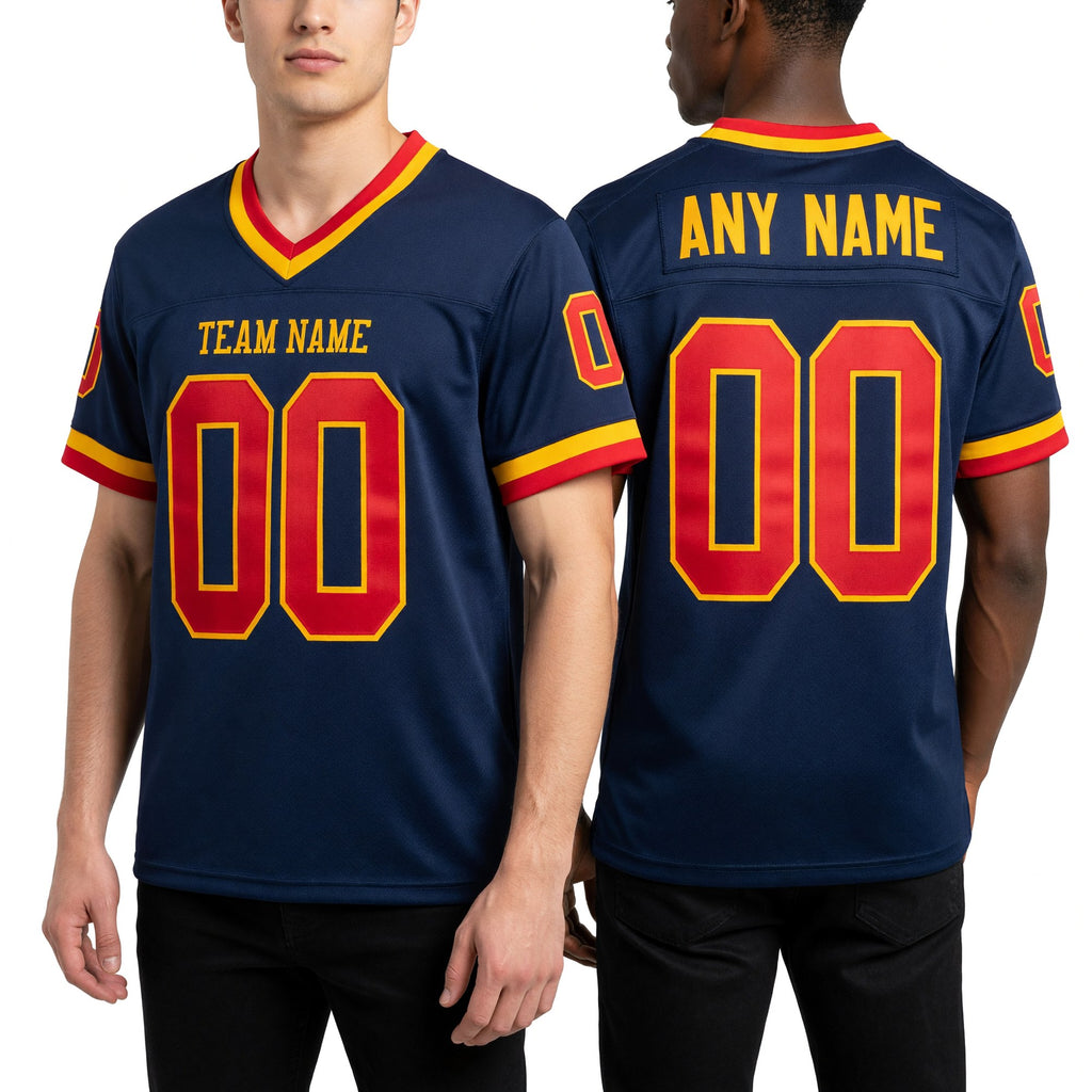 Custom Navy Red-Gold Mesh Authentic Throwback Football Jersey worn front and back