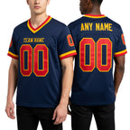 Custom Navy Red-Gold Mesh Authentic Throwback Football Jersey worn front and back
