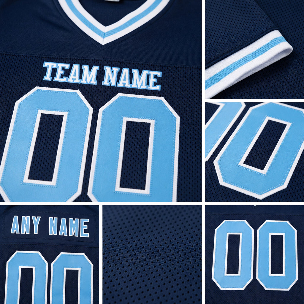 Custom Navy Light Blue-White Mesh Authentic Throwback Football Jersey detail