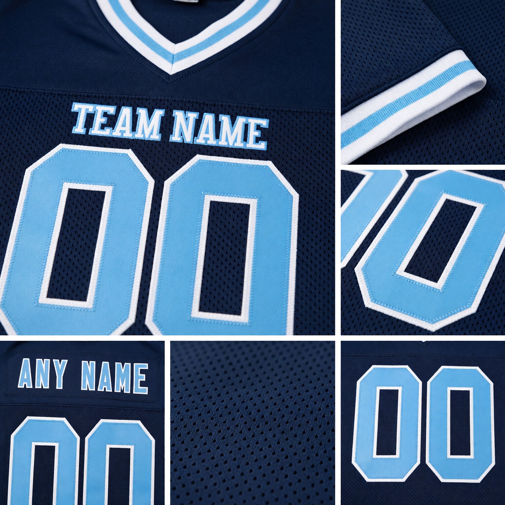 Custom Navy Light Blue-White Mesh Authentic Throwback Football Jersey detail