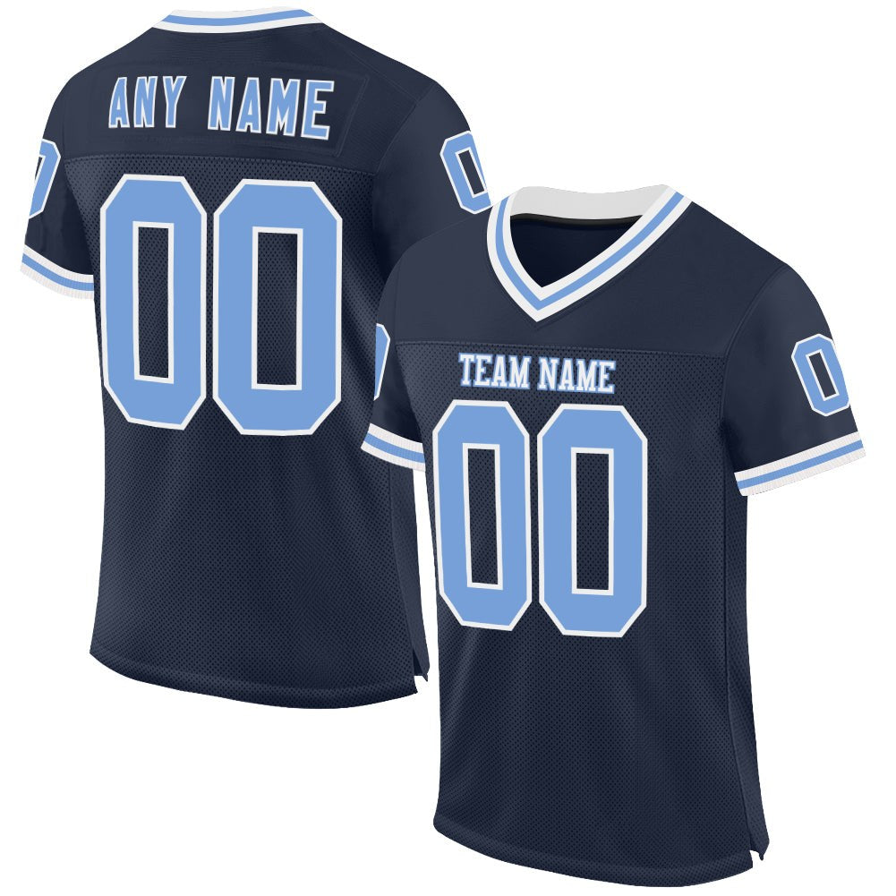 Custom Navy Light Blue-White Mesh Authentic Throwback Football Jersey photo 1