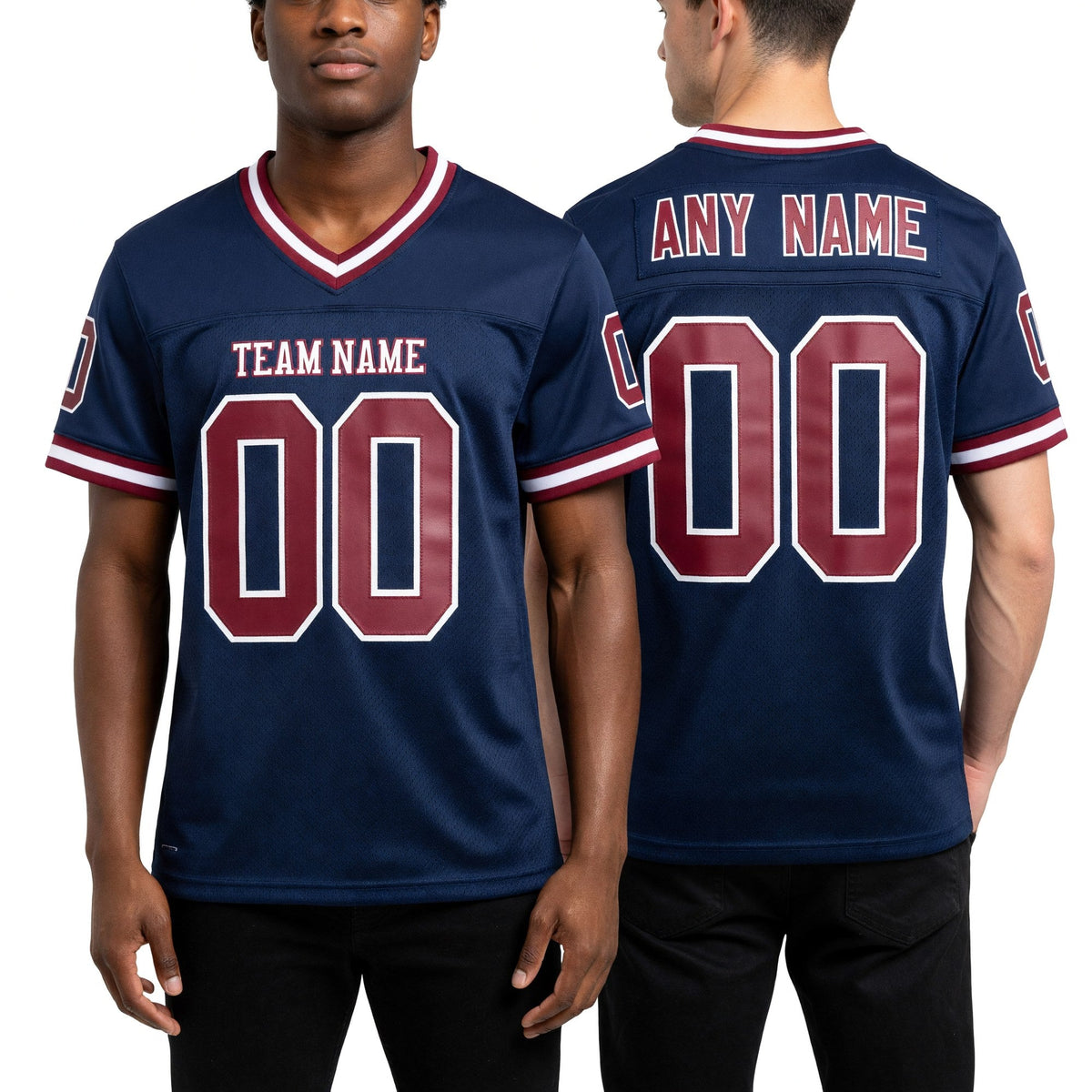 Custom Navy Maroon-White Mesh Authentic Throwback Football Jersey worn front and back